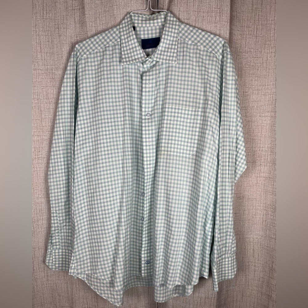 DAVID DONAHUE Dress Shirt Mens XL Blue Green White Check Button Up Cotton Linen